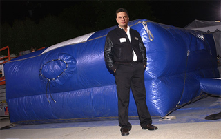 Atchley on set beside a high-fall air bag, which he has never gotten to use onscreen.